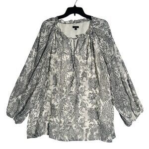 Talbots Plus Petite 3XP Peasant Blouse Black White Paisley Ruffle Neck Tie Front